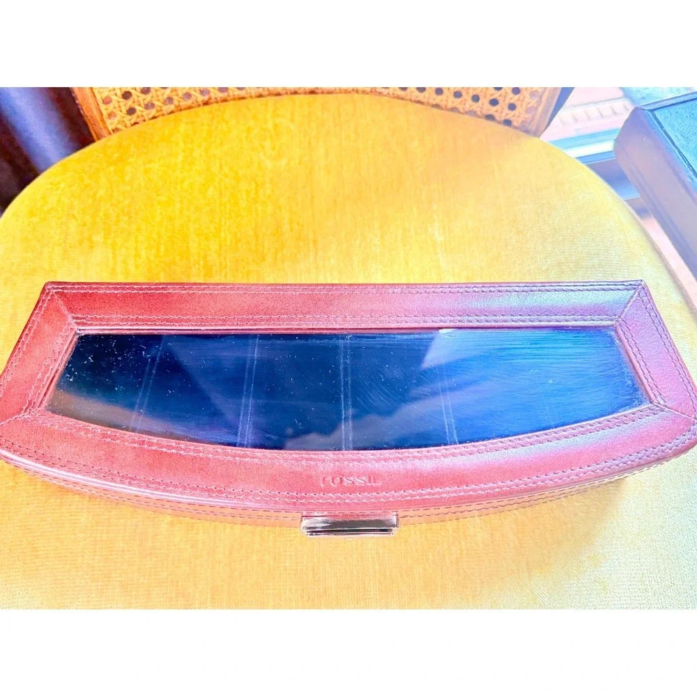 Fossil Cherry Red Leather Glass Top‎ Watch Display Case Jewelry Storage Box
